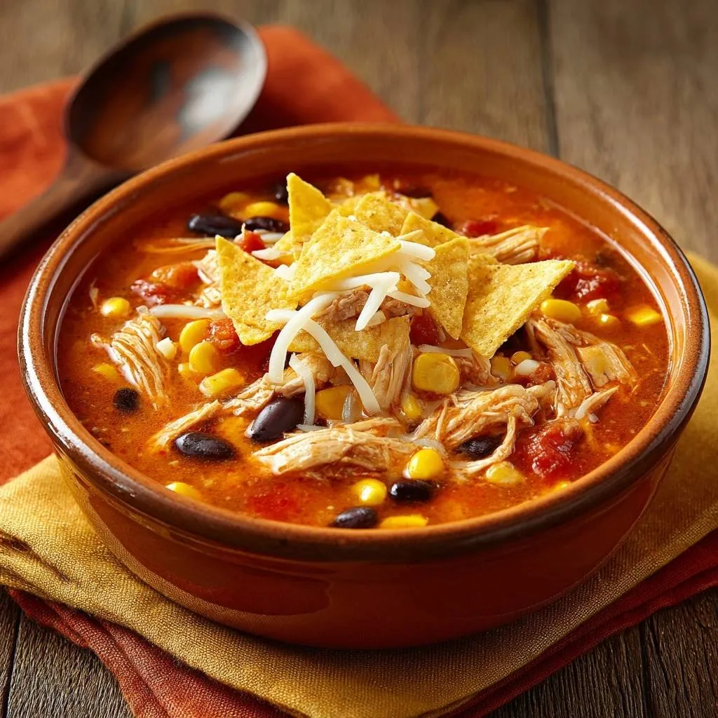 Chicken tortilla soup with juicy poached chicken, topped with cheese and tortilla chips, showcasing a close-up garnish detail.
