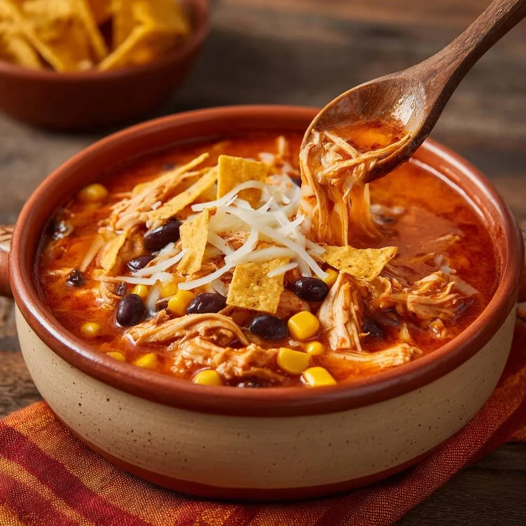Chicken tortilla soup with juicy poached chicken being lifted with a wooden spoon, showing shredded chicken and toppings.