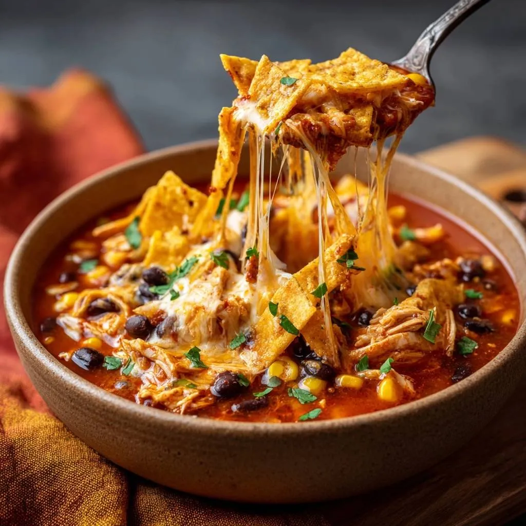 Chicken tortilla soup with a spoonful being lifted, showing melted cheese and tortilla toppings.