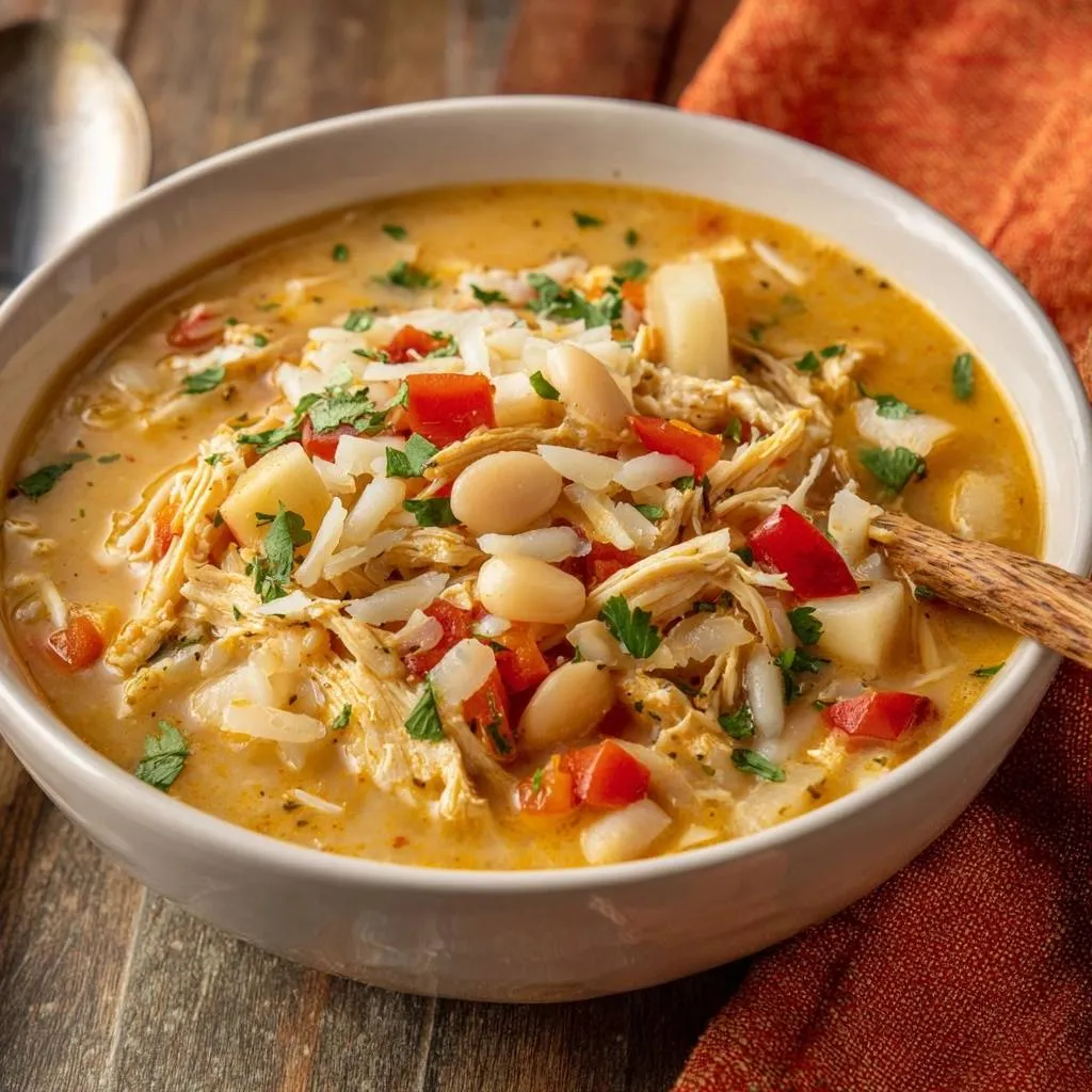 Hearty chicken white bean rice soup served in a white bowl, showcasing shredded chicken, white beans, and diced red peppers.