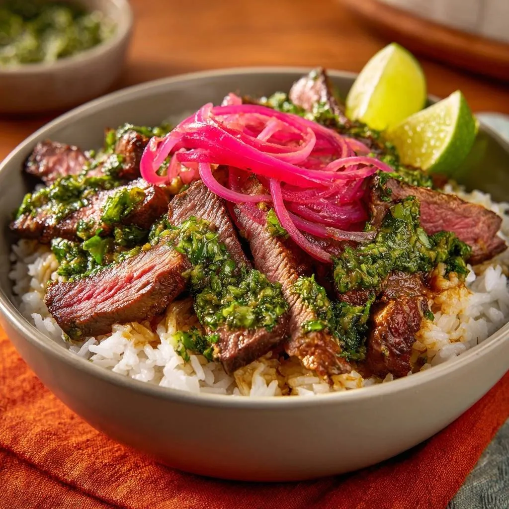 Chimichurri steak rice bowl with sliced flank steak, pickled red onions, and fresh chimichurri sauce.