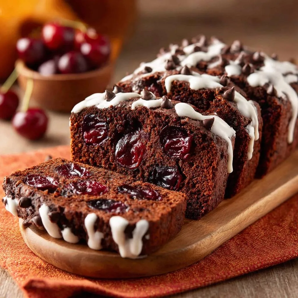 Chocolate cherry bread sliced to reveal a moist cross-section filled with whole cherries and chocolate chips.