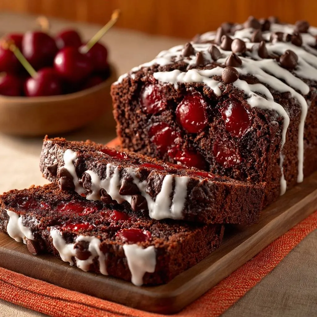 Chocolate cherry bread, a close-up cross-section revealing moist chocolate cake studded with bright red cherries and drizzled with white icing.