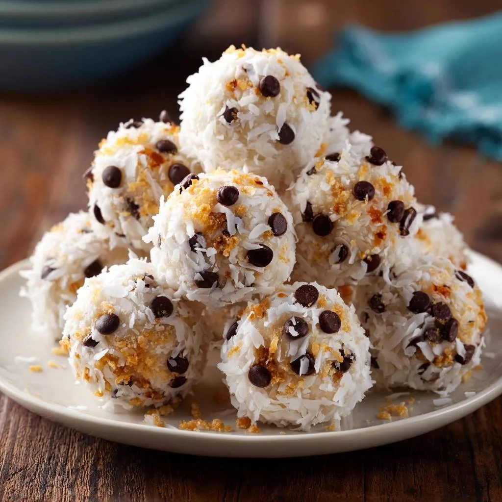 Chocolate chip coconut balls, a pile of no-bake treats coated in shredded coconut and mini chocolate chips, shown in close-up detail.