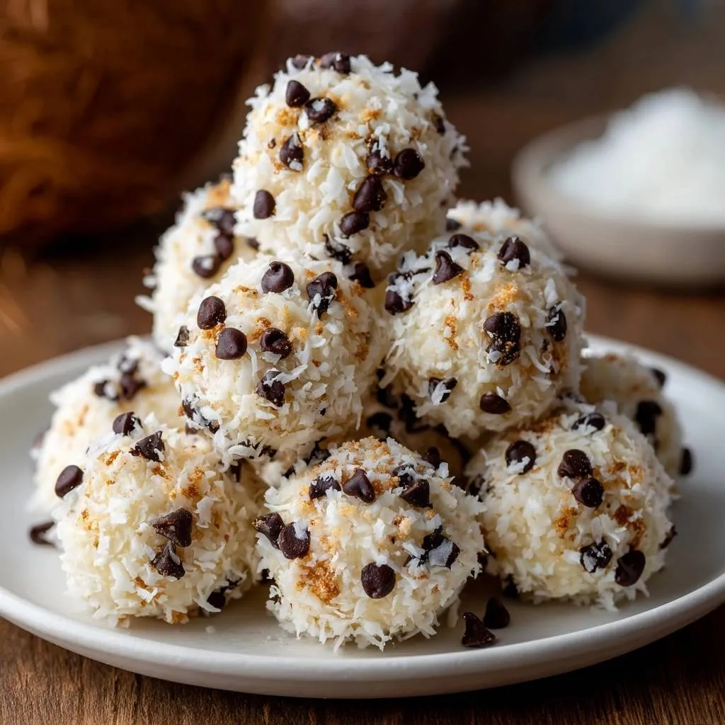 Chocolate chip coconut balls, no-bake chewy perfection, stacked high on a white plate with mini chocolate chips and shredded coconut.