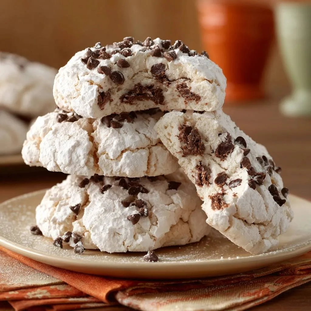 Chocolate chip meringue cookies stacked high, showcasing their powdered sugar coating and chocolate chip texture.