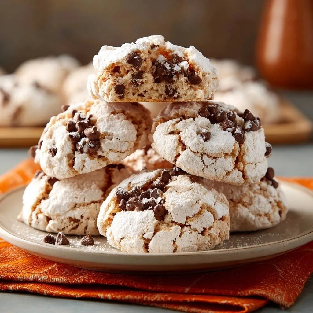Chocolate chip meringue cookies stacked on a plate, showcasing their powdered sugar coating and mini chocolate chips.