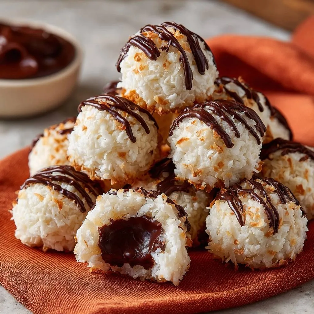 Chocolate filled coconut balls recipe showing a cross-section with a gooey chocolate center.