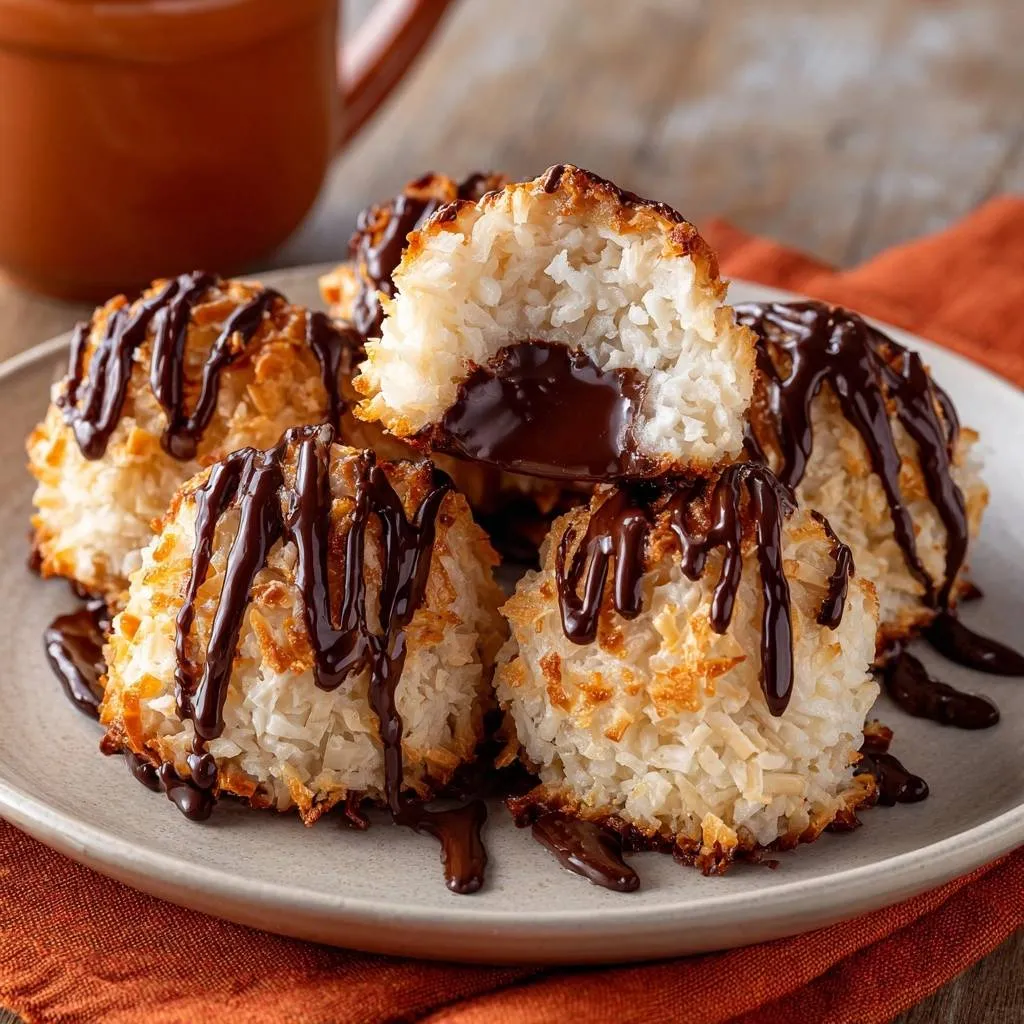Chocolate-filled coconut macaroons cross-section, showing a rich chocolate center, drizzled with dark chocolate.