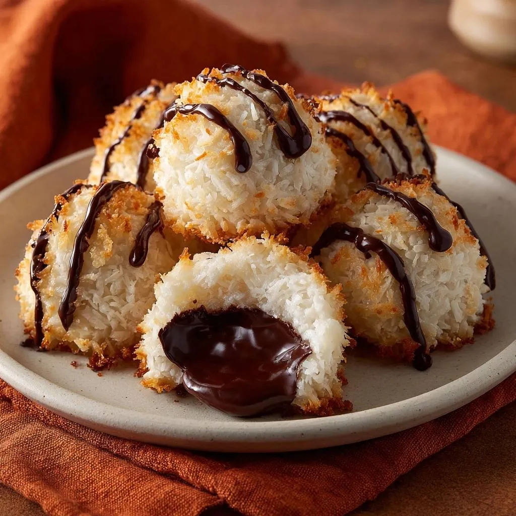 Chocolate-filled coconut macaroons shown in a close-up cross-section revealing a gooey chocolate center.