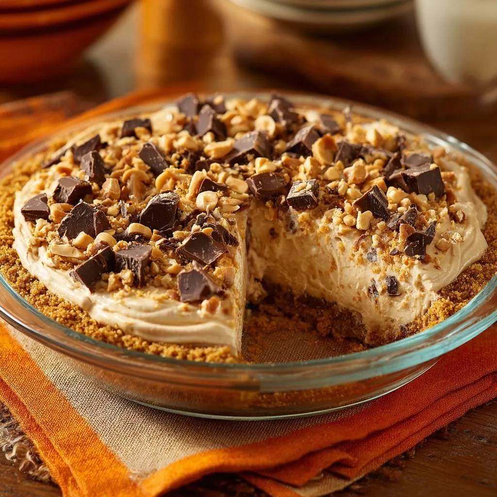 Chocolate peanut butter pie with a slice removed to show the creamy interior and crisp crust.