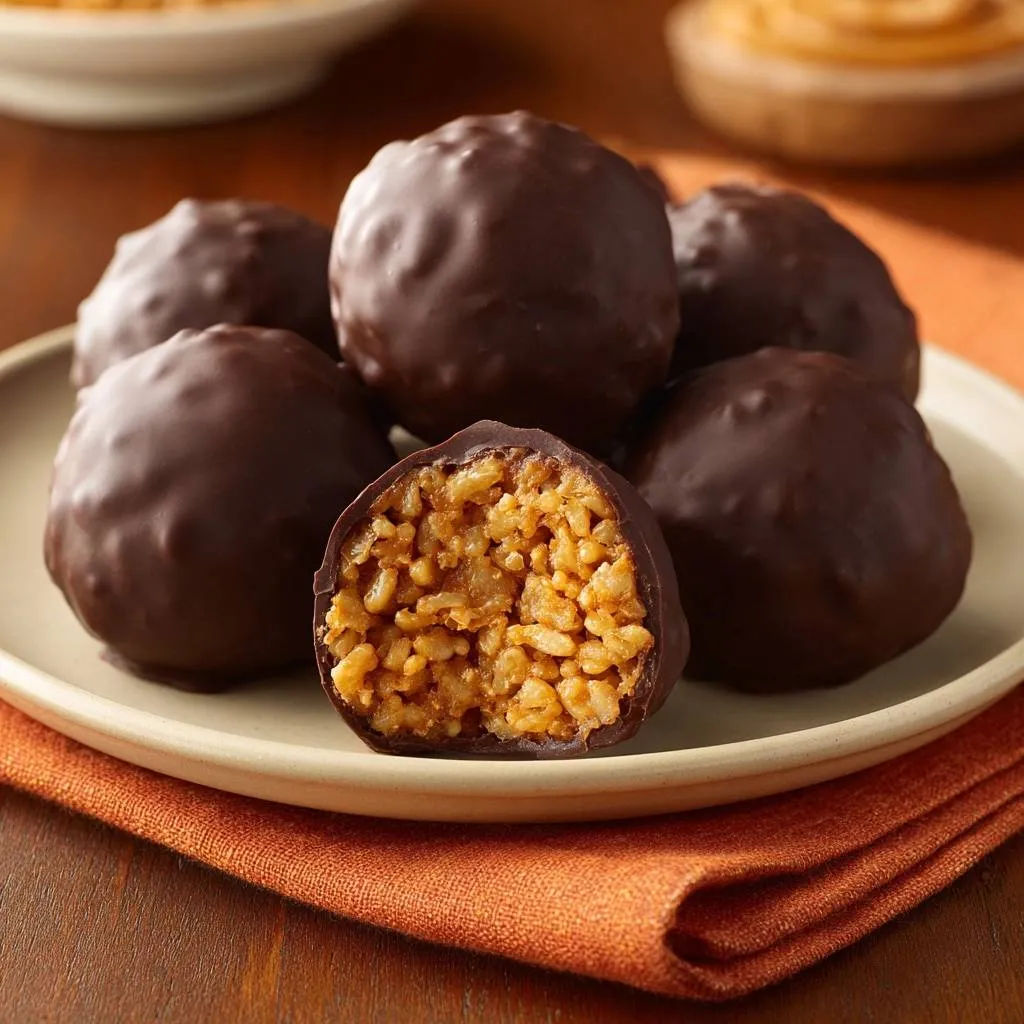 Chocolate Peanut Butter Rice Krispie Balls, showing a close-up cross-section revealing the crispy interior.