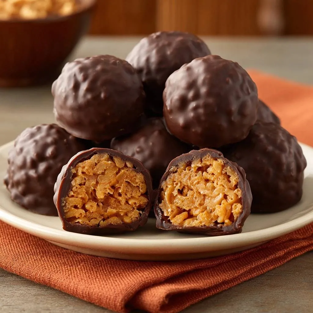 Chocolate peanut butter Rice Krispie balls with a close-up cross-section revealing the textured interior.