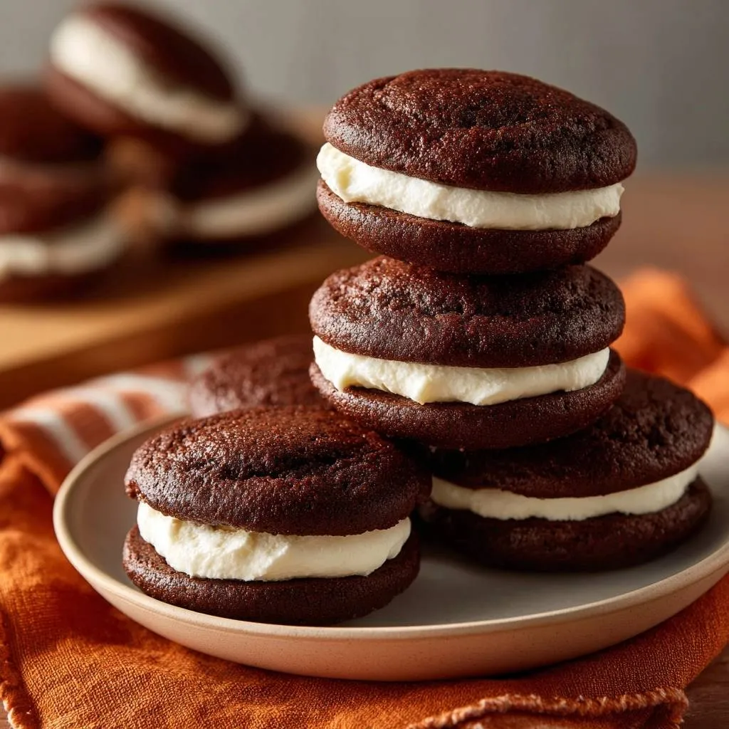 Chocolate whoopie pies with creamy white filling stacked on a plate with an orange napkin.