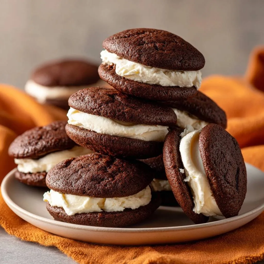 Chocolate whoopie pies, a stack of moist cookies with creamy filling, presented on a plate with an orange napkin.