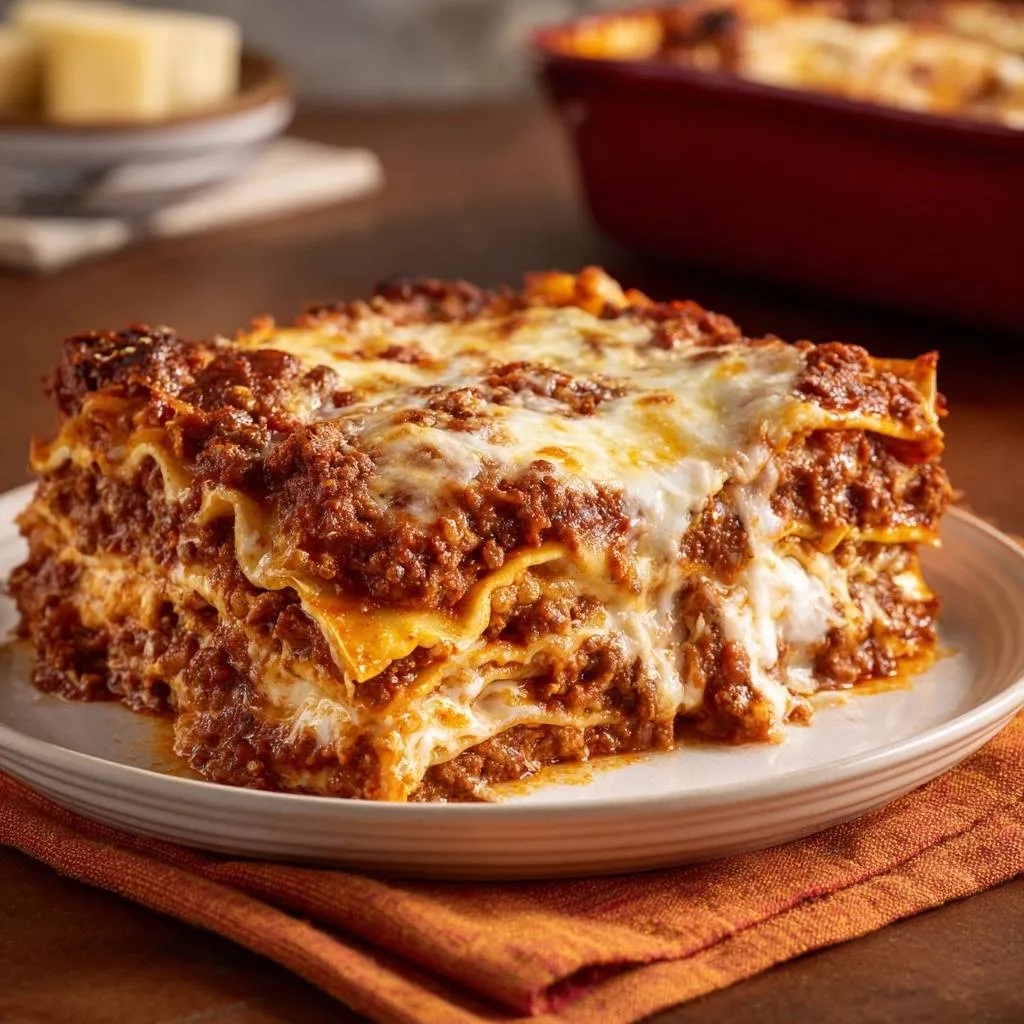 Classic beef lasagna showcasing a thick cross-section with layers of meat sauce and cheese.