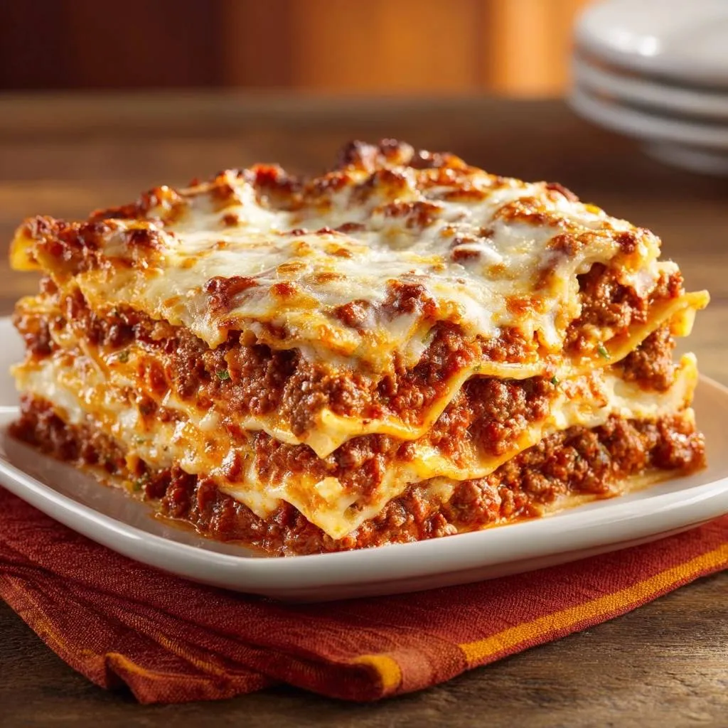 Classic beef lasagna with firm, non-watery layers shown in a close-up cross-section view.