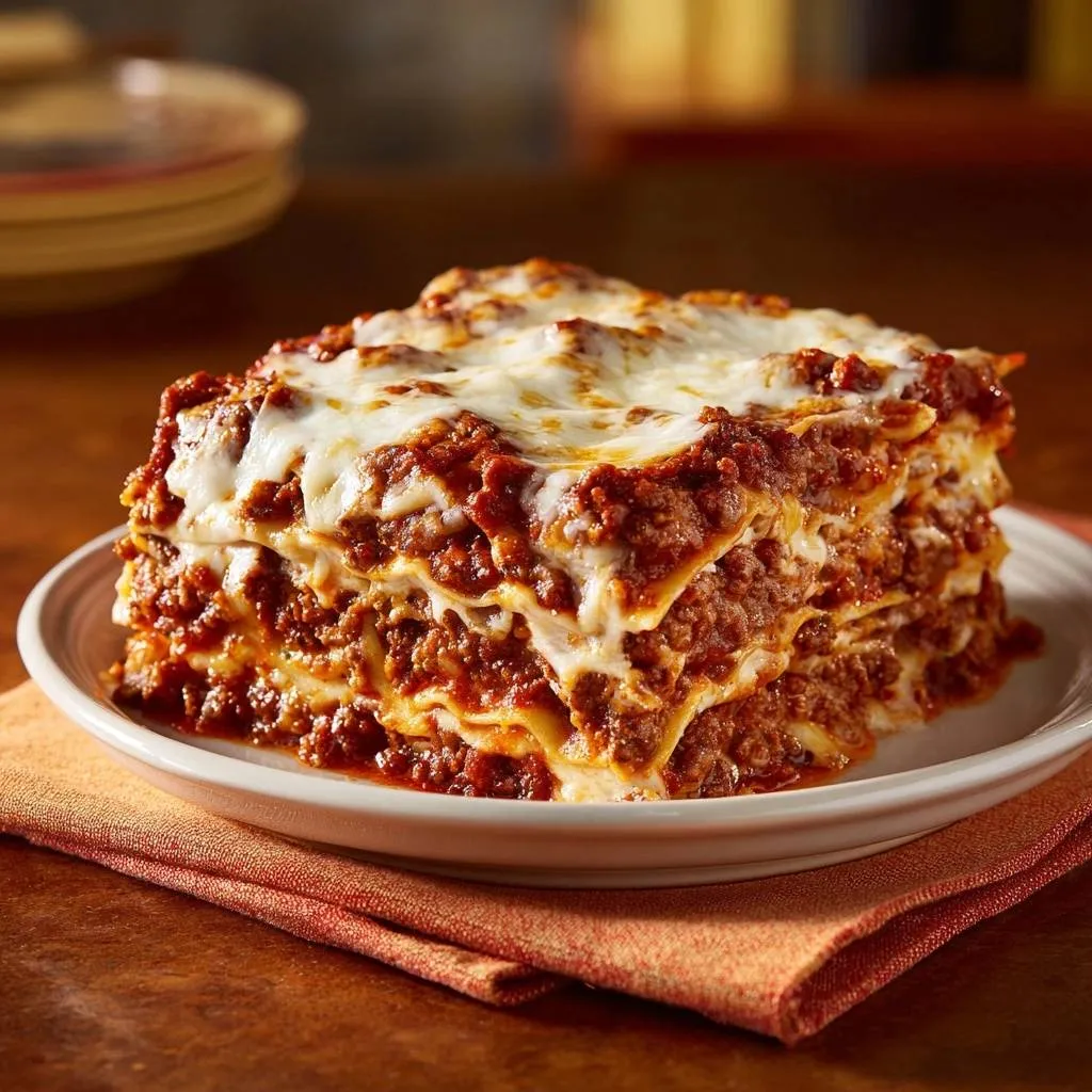 Classic beef lasagna revealing its rich, layered cross-section with melted cheese topping.