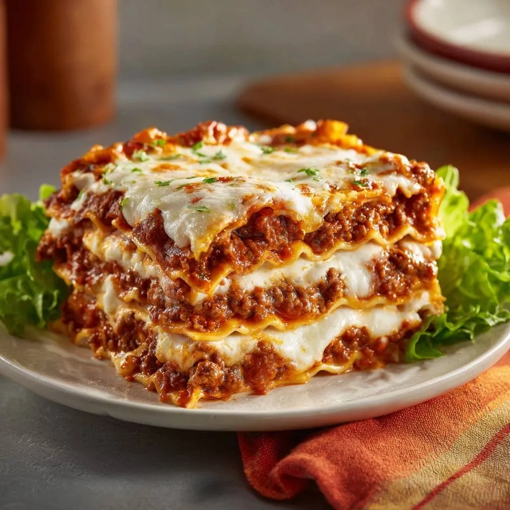 Classic beef lasagna showing its layered pasta, rich meat sauce, and melted cheese in a close-up cross-section view.