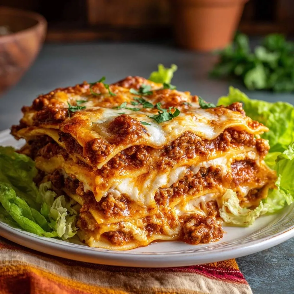 Classic beef lasagna showing multiple layers of pasta, meat sauce, and cheese, served on a white plate with lettuce.