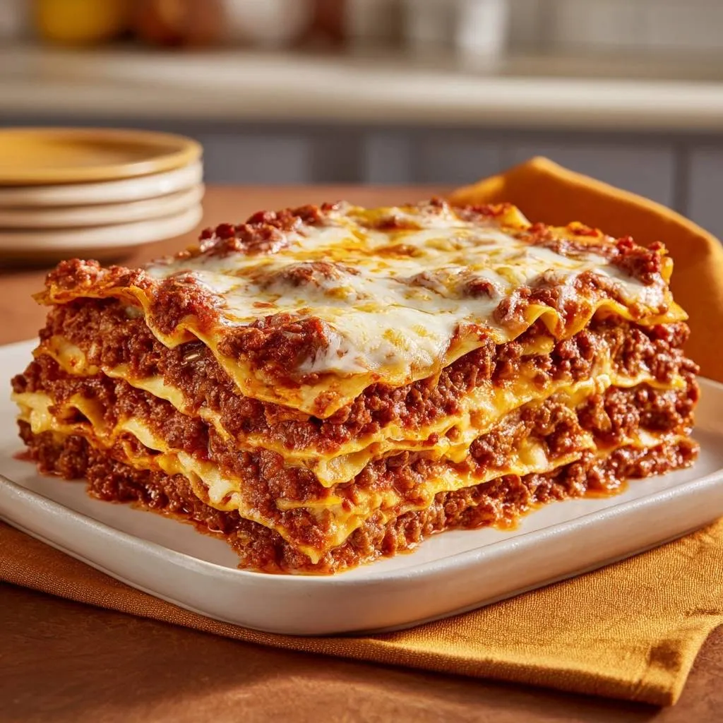Classic beef lasagna with firm, non-watery layers, showcasing its stacked pasta and meat layers in a close-up view.