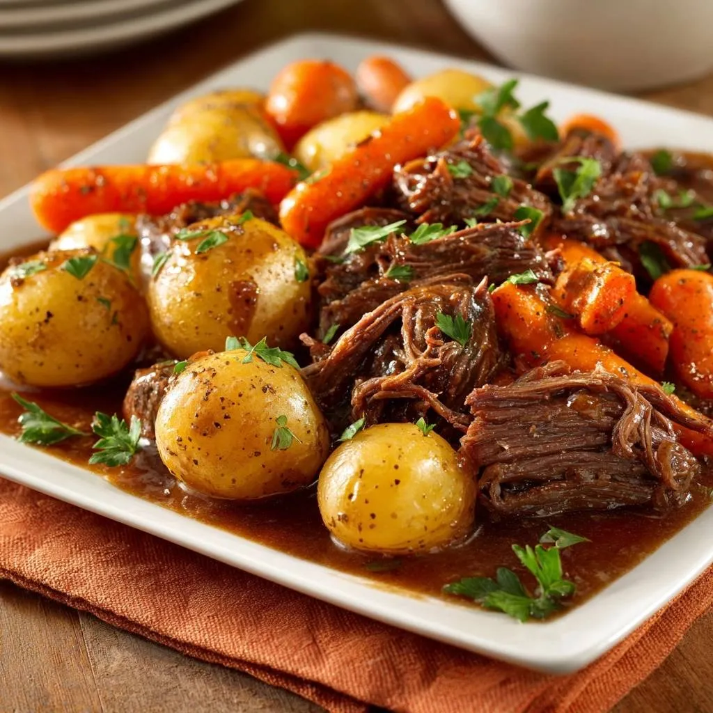 Classic beef pot roast with tender, shredded beef, potatoes, and carrots in a rich gravy, garnished with parsley.