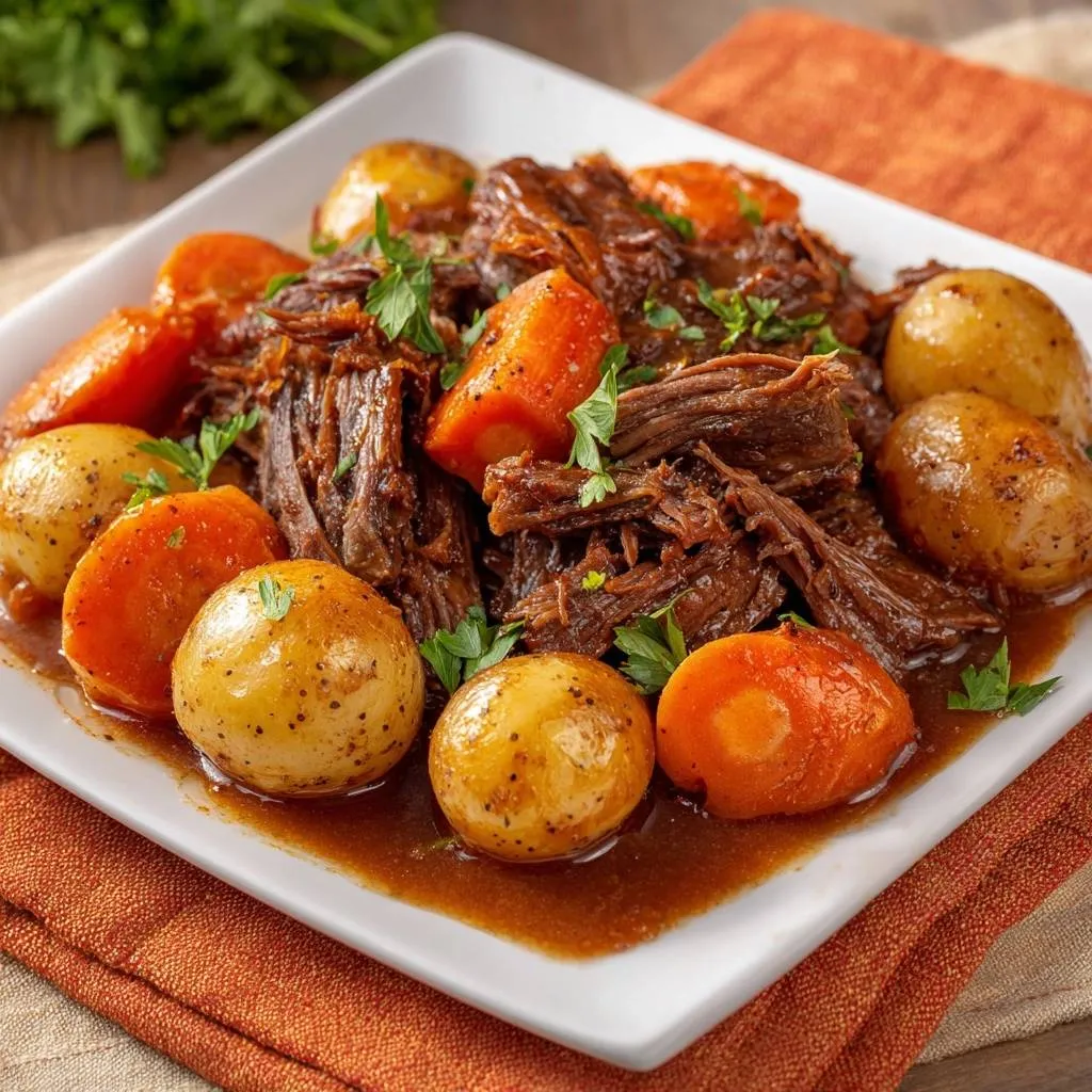 Classic beef pot roast with tender shredded beef, carrots, and potatoes served on a white plate.