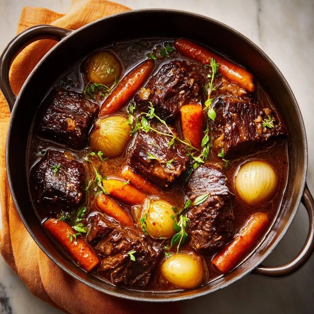 Classic beef stew with pearl onions and carrots simmering in a dark dutch oven, viewed from directly above.