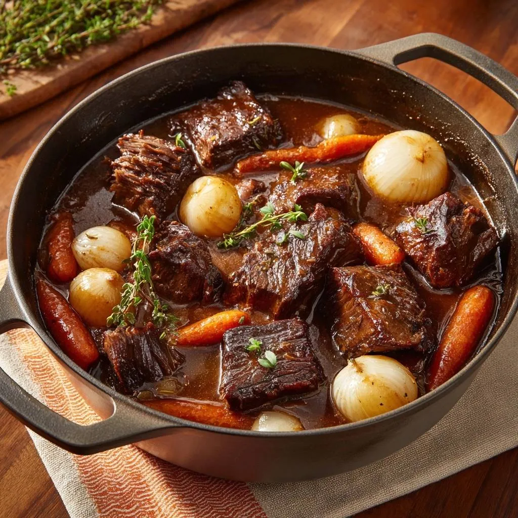Classic beef stew with pearl onions served in a Dutch oven, showcasing tender meat and carrots.