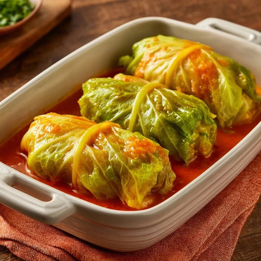 Classic beef stuffed cabbage rolls nestled in a white baking dish with a rich tomato sauce.