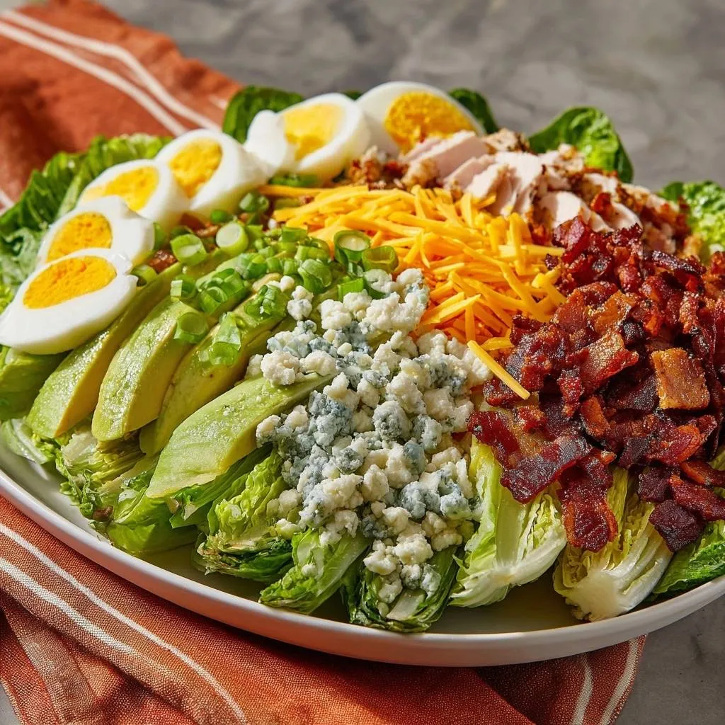 Classic Cobb Salad featuring a vibrant layering of fresh romaine lettuce, sliced avocado, hard-boiled eggs, blue cheese, bacon, and shredded cheddar.