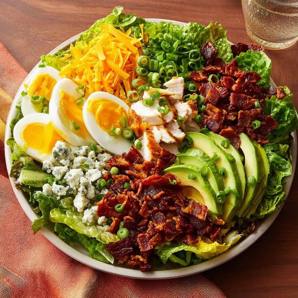 Classic Cobb Salad plated overhead with chicken, bacon, eggs, avocado, and blue cheese.