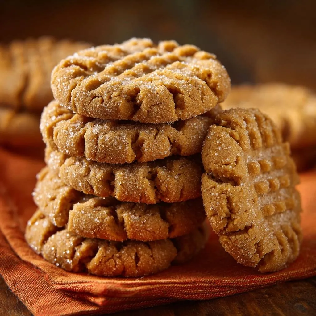 Classic peanut butter cookies, stacked high on an orange napkin, showcasing their textured tops and sugared edges.