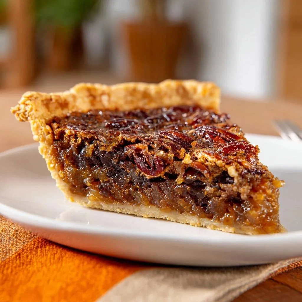Classic pecan pie shown as a close-up cross-section slice on a white plate, highlighting its rich filling and flaky crust.