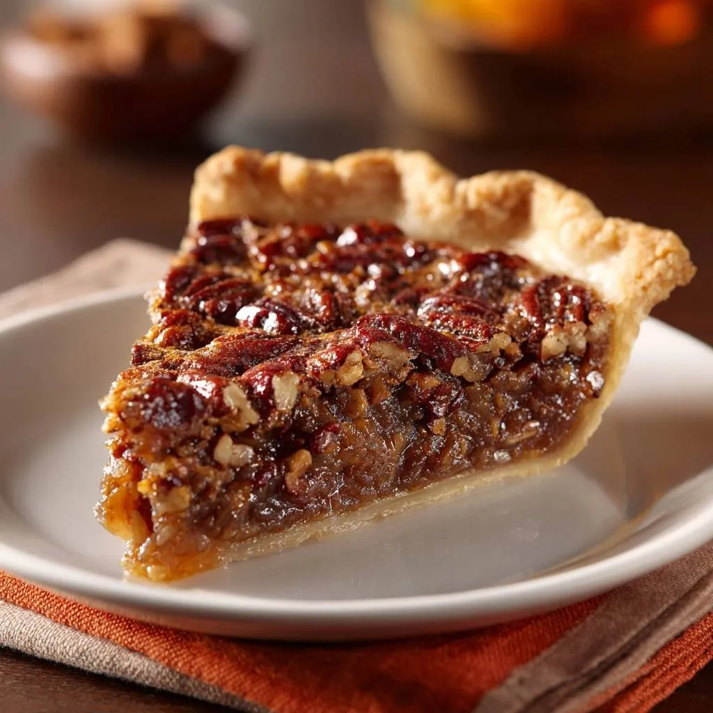 Classic pecan pie shown as a single serving slice on a white plate, revealing its rich, gooey interior and pecan topping.