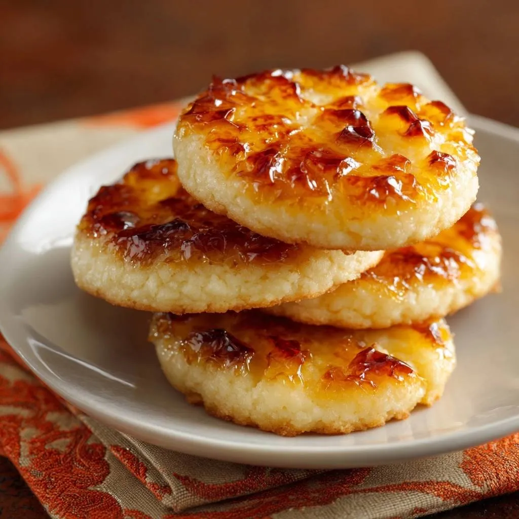 3-Ingredient Coconut Brûlée Patties with Crackly Crust stacked closely on a white plate, showcasing their caramelized topping.