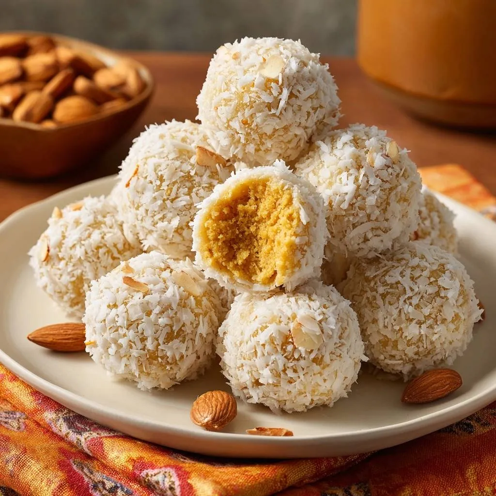Coconut carrot laddoos showing a close-up cross-section revealing a firm, textured interior and shredded coconut coating.
