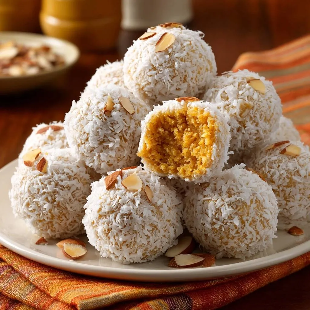 Coconut carrot laddoos cross-section detail showing the firm texture and almond garnish.