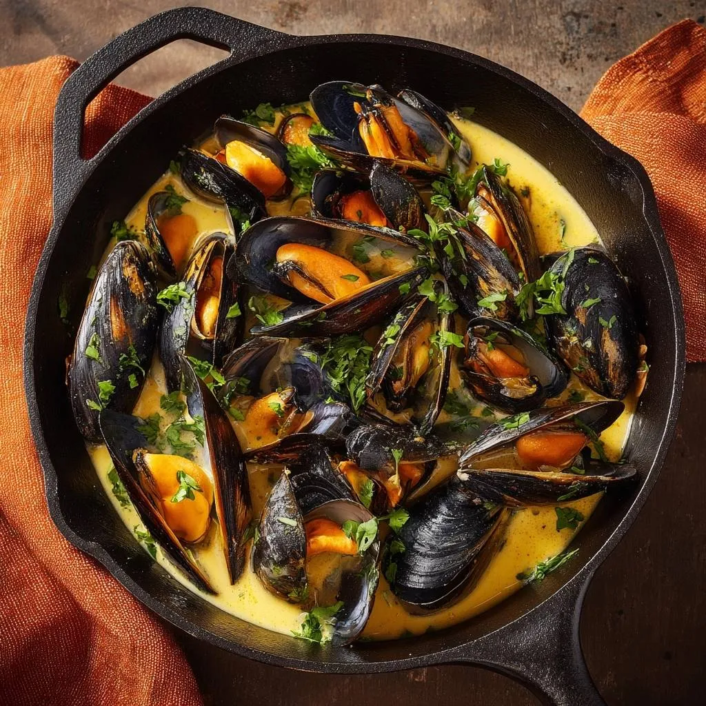 Coconut curry mussels served in a cast-iron skillet with a rich broth and fresh parsley garnish.