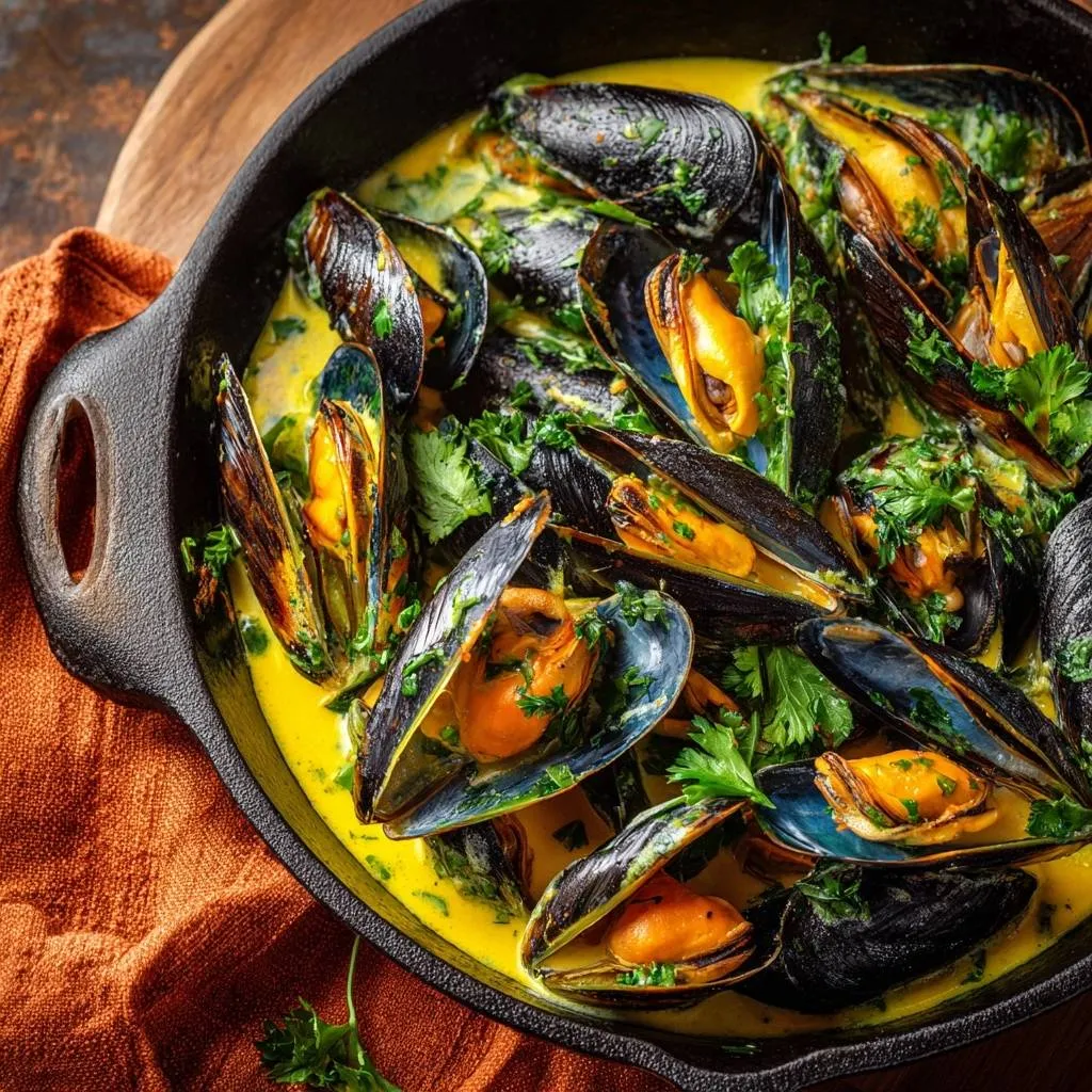 Coconut curry mussels served in a black skillet, viewed from directly above with fresh parsley garnish.