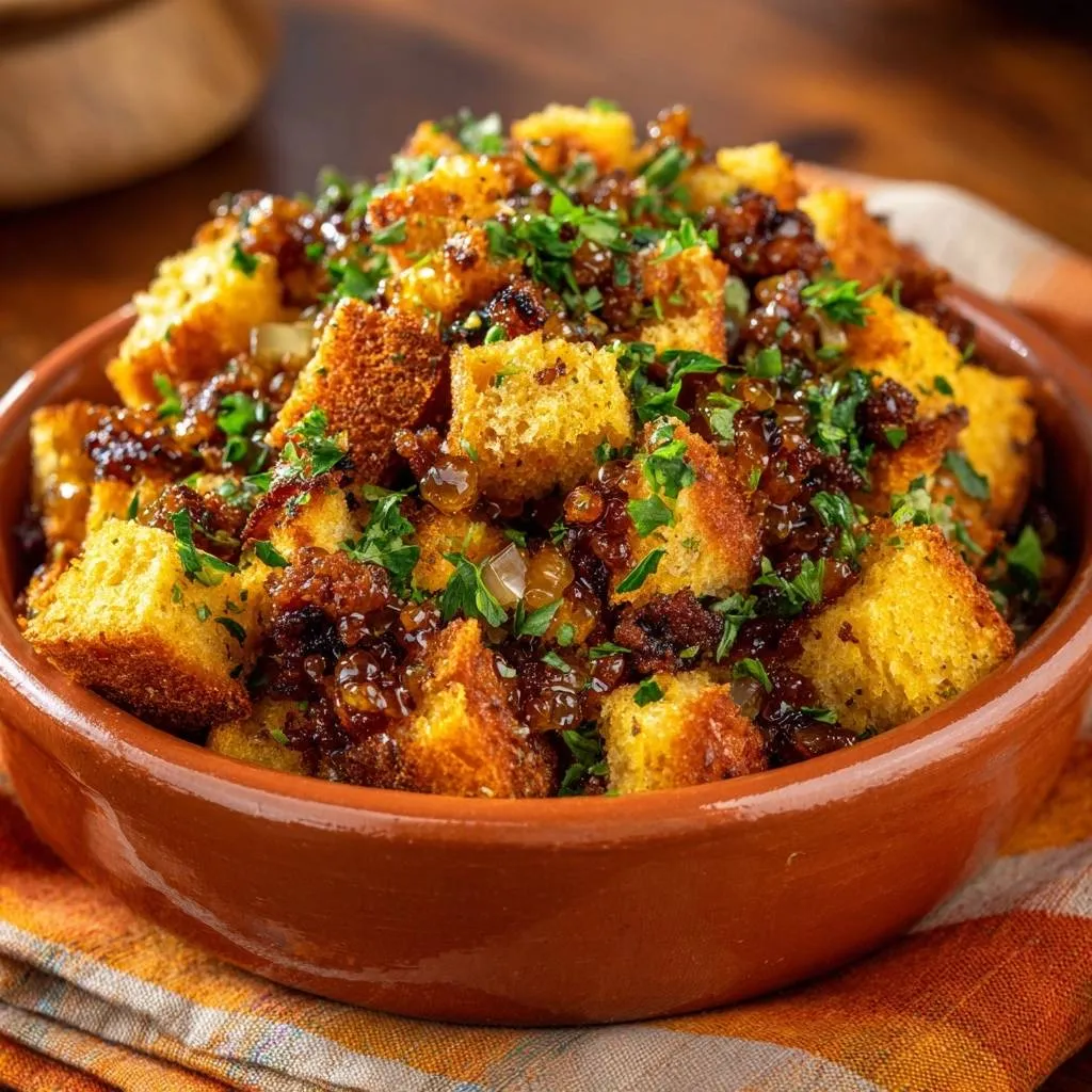 Crispy cornbread with caramelized onions and bacon served in a rustic bowl, garnished with fresh parsley.