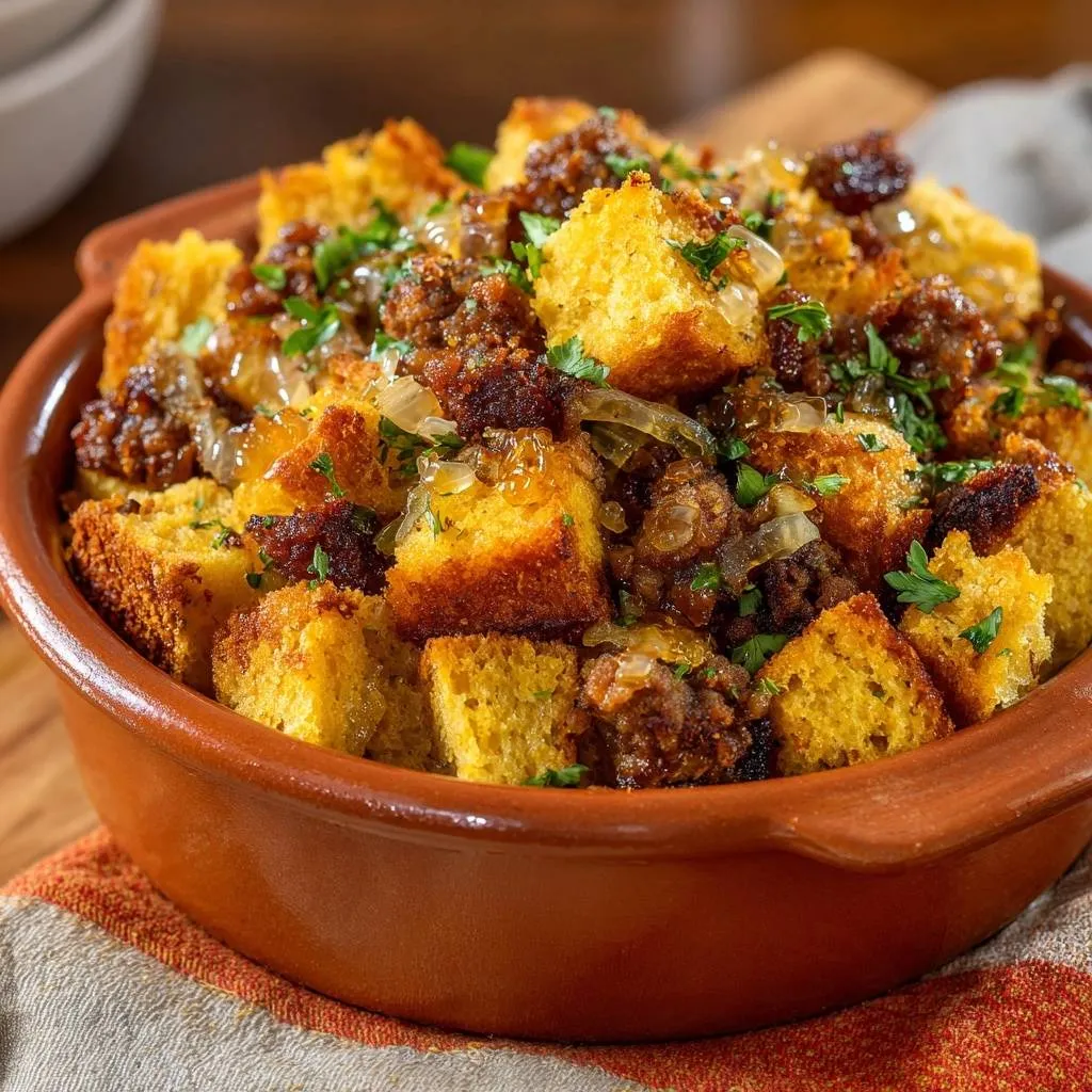 Crispy cornbread with caramelized onions and bacon in a rustic bowl, close-up view.