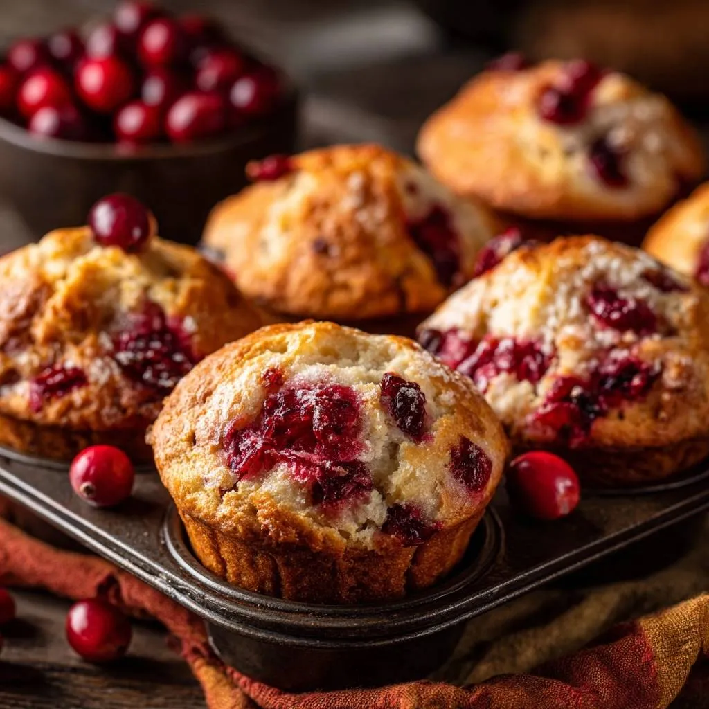 Cranberry muffins with no sinking berries shown in a muffin tin with fresh cranberries scattered around.