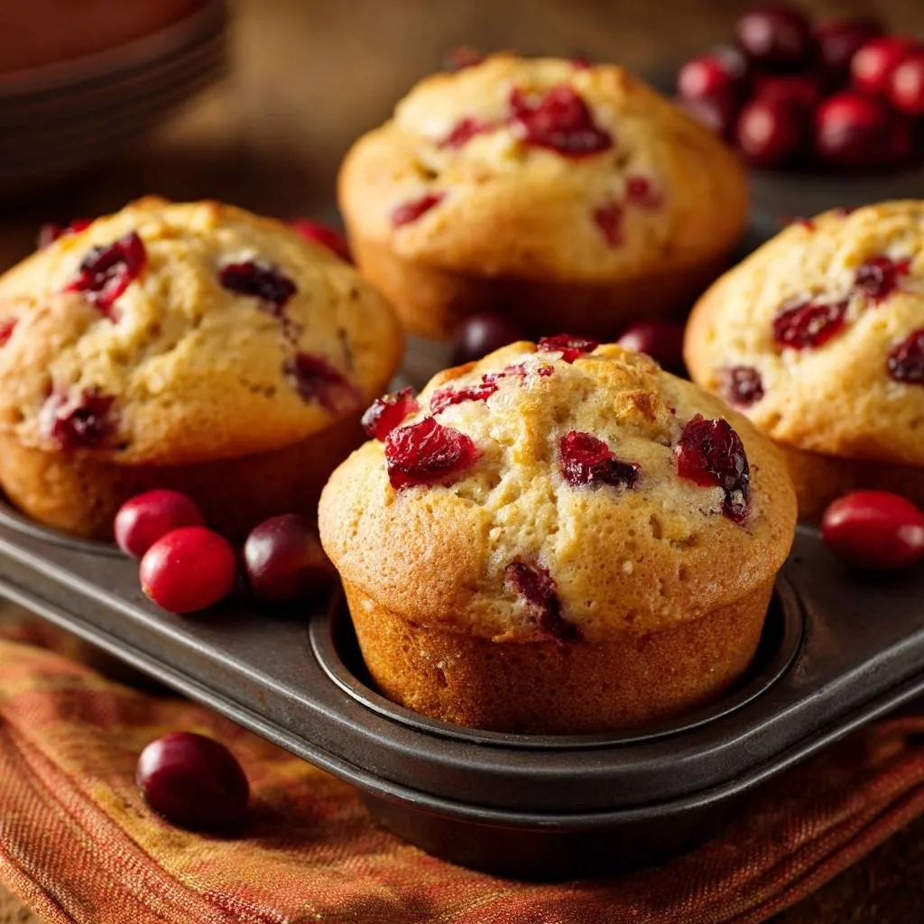 Cranberry muffins with no sinking berries shown in a muffin tin with fresh cranberries scattered around.