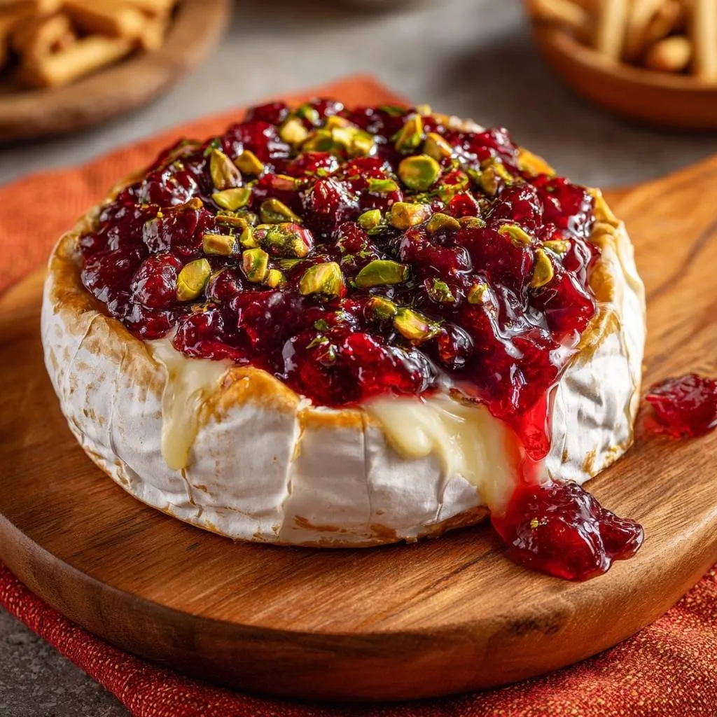 Cranberry pistachio baked brie with melted cheese oozing over a wooden board.