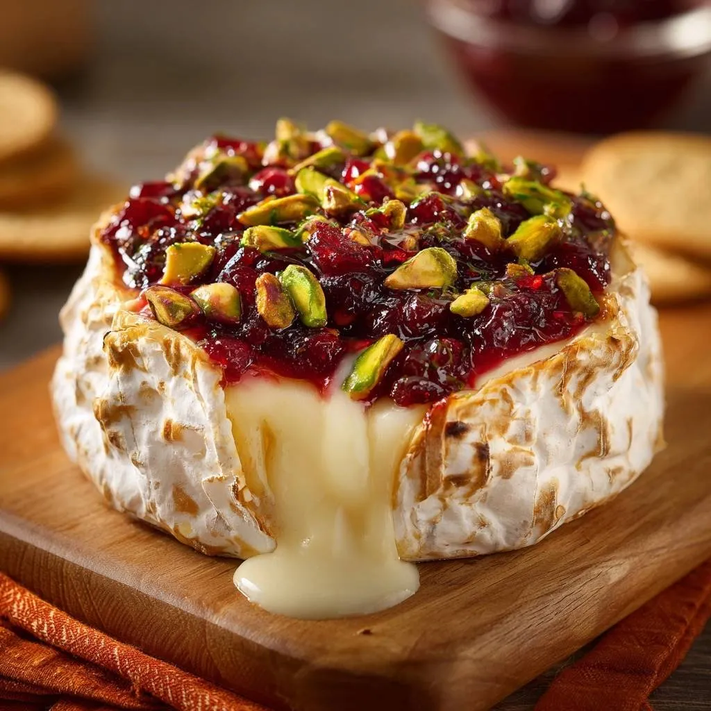 Cranberry Pistachio Baked Brie with crispy rind oozing melted cheese onto a wooden board.