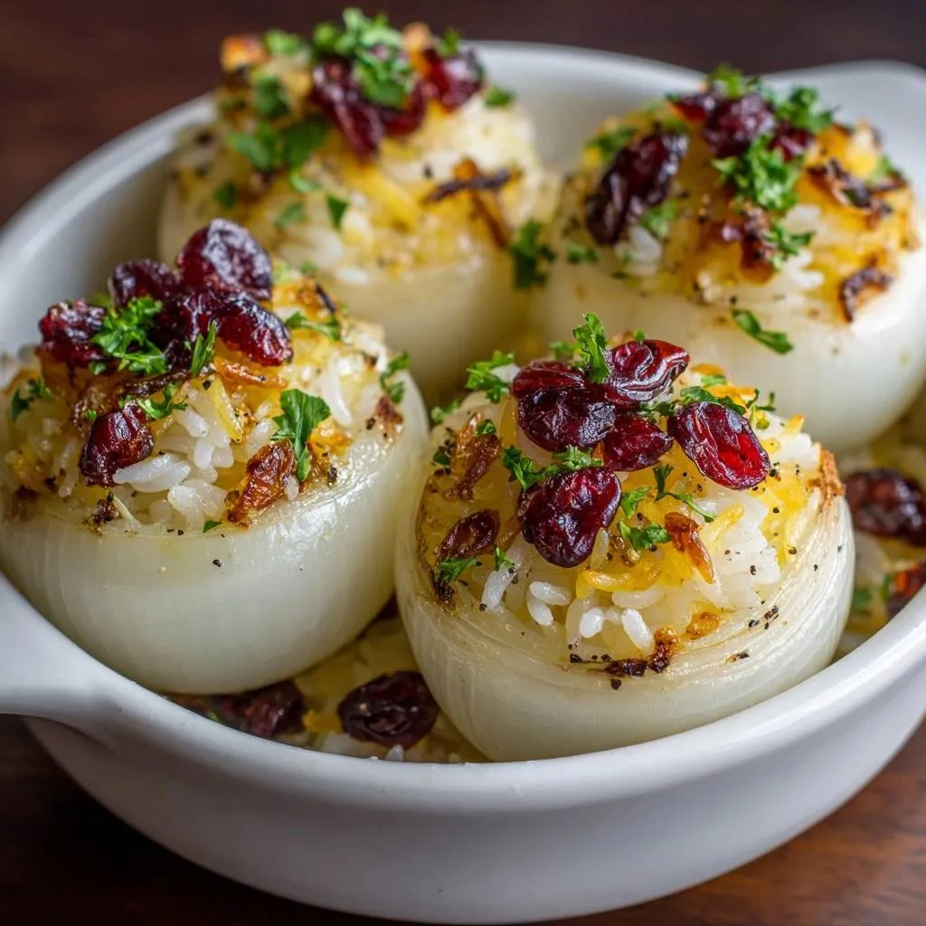 Cranberry rice stuffed onions presented in a white bowl, showcasing a close-up view with visible garnishes.