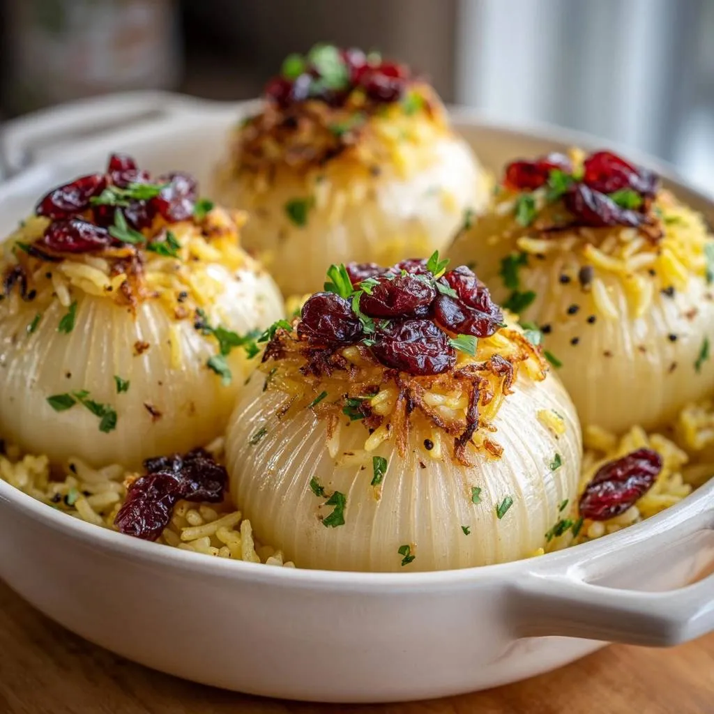 Cranberry rice stuffed onions served in a white dish, showcasing the golden rice and dried cranberries topping.