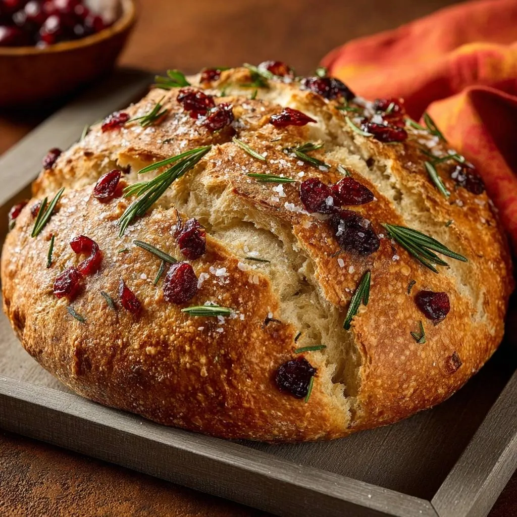 Cranberry rosemary artisan bread generously garnished with dried cranberries, fresh rosemary sprigs, and coarse sea salt.