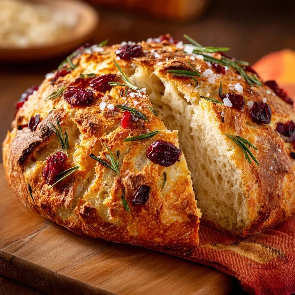 Cranberry rosemary sea salt bread with a close-up view of its textured crust and fluffy interior.